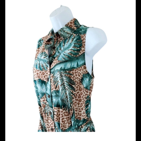 ✨NWT G By Guliana Tropical cheetah Green Sleeveless Dress button down tie waist - Picture 4 of 6